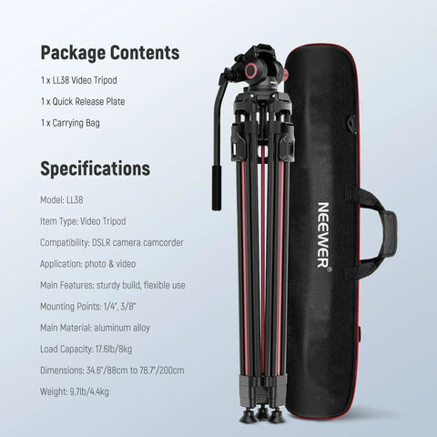 Neewer Ll38 79’’/200cm One-step Aluminium Video Tripod with Fluid Head • Camerastuff • South Africa