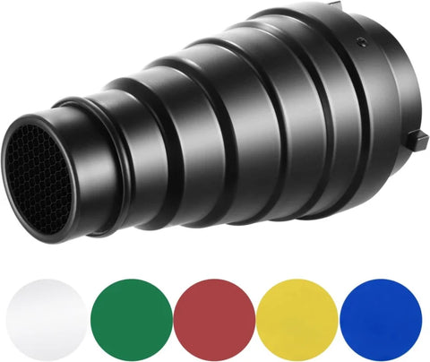 Neewer Medium Aluminium Alloy Conical Snoot Kit with Honeycomb Grid and Gels • Camerastuff • South Africa