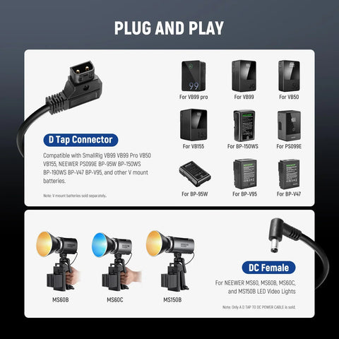 Neewer Nc010 D-tap to Dc Cable for Ms60 Ms60b Mc60c Ms150b Led Video Light • Camerastuff • South Africa