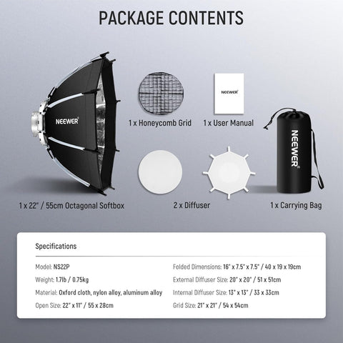 Neewer 55cm Octagonal Nylon Alloy Quick Release Softbox with Grid • Camerastuff • South Africa