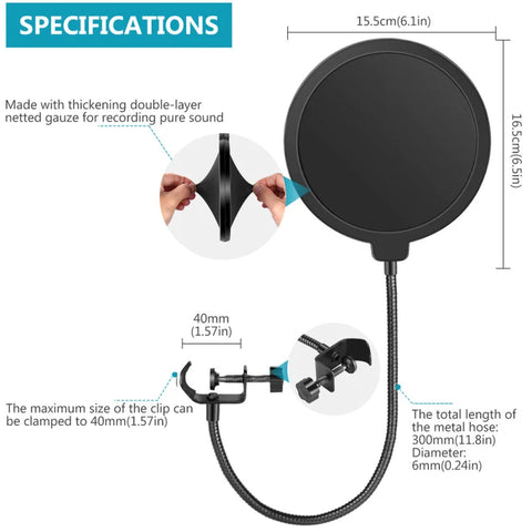 Neewer Nw(b-3) 6inches Pop Filter with Gooseneck and C-style Clamp Filter/shield (black) • Camerastuff • South Africa