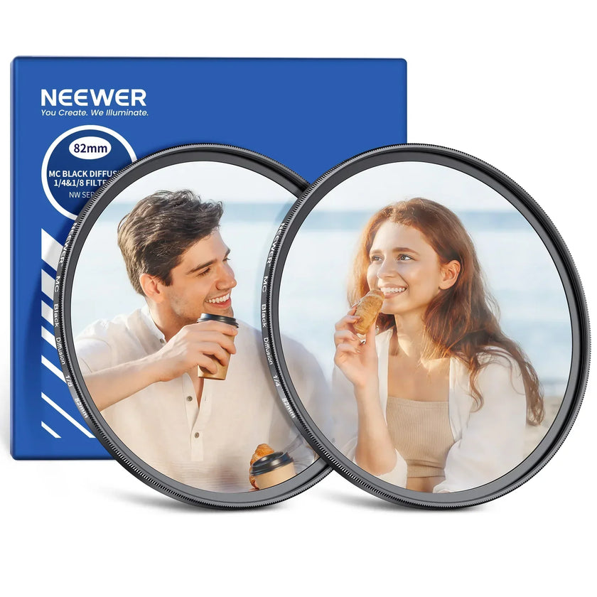 Neewer NW Series Black Soft Filter Kit showing 1/4 and 1/8 black diffusion filters for 55mm lenses