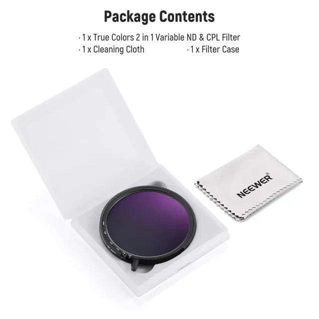 Neewer NW Series S filter package contents: filter, case, and cleaning cloth