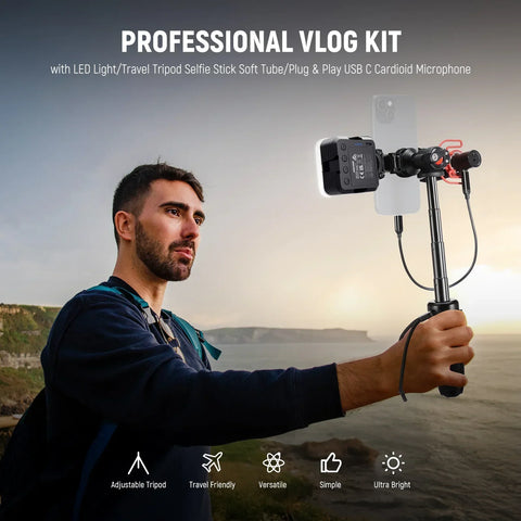 Neewer Pa045 Vlogging Kit with Led Light/selfie Stick Tripod/mic for Smartphones • Camerastuff • South Africa