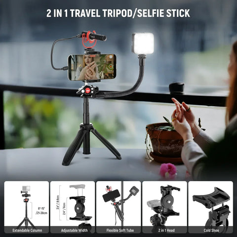 Neewer Pa045 Vlogging Kit with Led Light/selfie Stick Tripod/mic for Smartphones • Camerastuff • South Africa