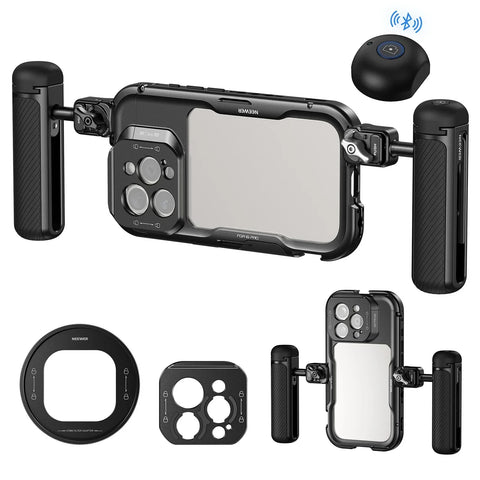 Neewer Pa074 + pa045e + pa045b Dual Handle Phone Cage Combo for Iphone 16 Pro Max with Bluetooth Shutter • Camerastuff