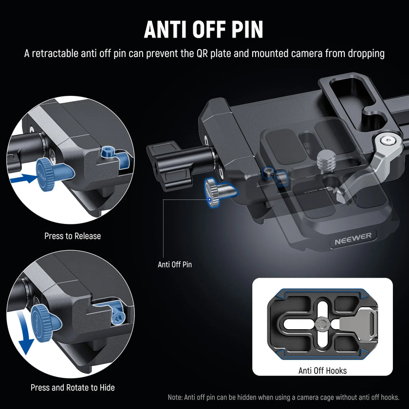 Neewer PS015 Pro anti off pin safety feature on the Arca-type plate