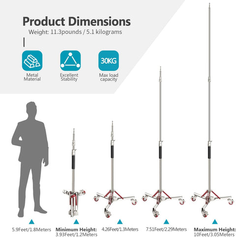 Neewer SC305W 305cm Heavy Duty Stainless Steel Light Stand with Casters