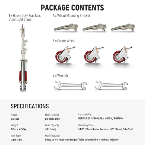 Neewer St240ss 240cm Heavy Duty Stainless Steel Light Stand with Casters • Camerastuff • South Africa