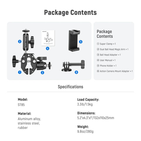 Neewer ST85 Super Clamp with 3" Dual Ballhead Magic Arm