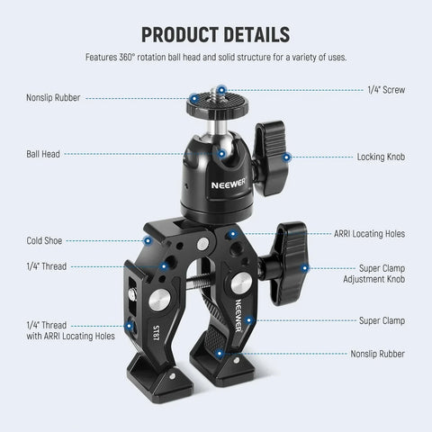 Neewer  ST87 3inch Super Clamp & Ball Head With Phone Clip And Gopro Adapter