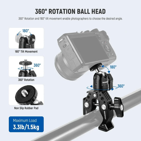 Neewer  ST87 3inch Super Clamp & Ball Head With Phone Clip And Gopro Adapter