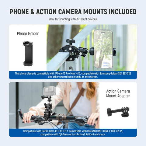 Neewer  ST87 3inch Super Clamp & Ball Head With Phone Clip And Gopro Adapter