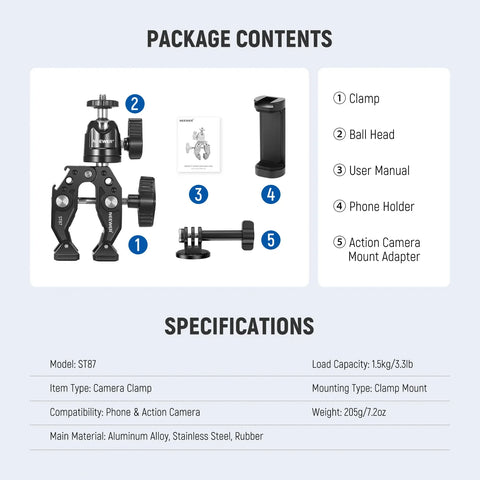 Neewer  ST87 3inch Super Clamp & Ball Head With Phone Clip And Gopro Adapter