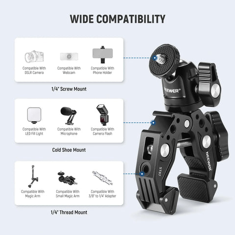 Neewer  ST87 3inch Super Clamp & Ball Head With Phone Clip And Gopro Adapter