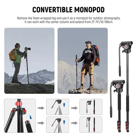 Neewer Tp72a 71’’/181cm Aluminium 2-in-1 Video Tripod and Monopod with Fluid Head • Camerastuff • South Africa