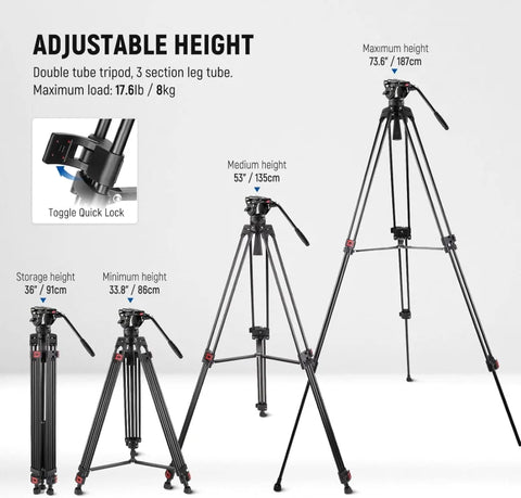 Neewer Tp74 74’’/188cm Aluminium Video Tripod with Fluid Head • Camerastuff • South Africa