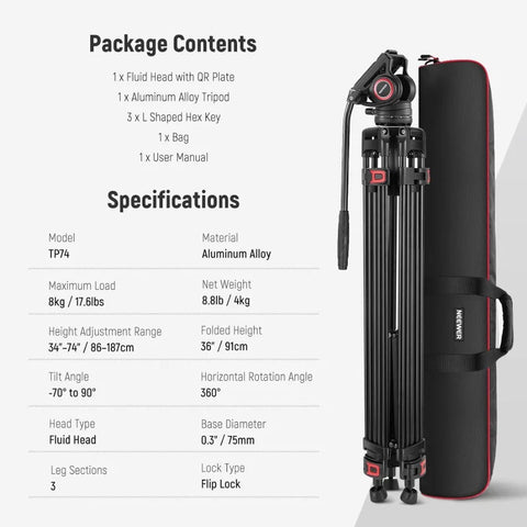 Neewer Tp74 74’’/188cm Aluminium Video Tripod with Fluid Head • Camerastuff • South Africa