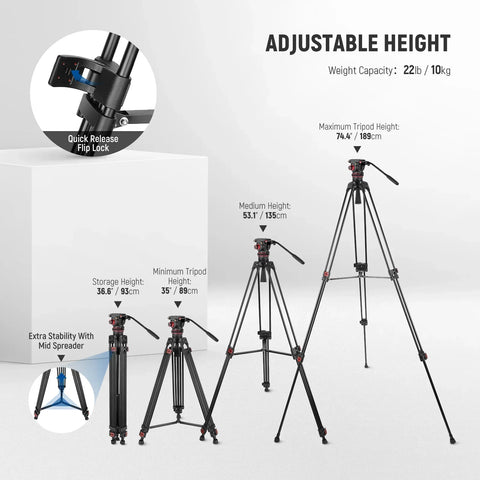 Neewer Tp75 74’’/189cm Aluminium Video Tripod with Fluid Head • Camerastuff • South Africa