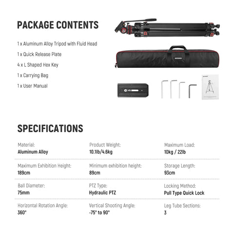 Neewer Tp75 74’’/189cm Aluminium Video Tripod with Fluid Head • Camerastuff • South Africa