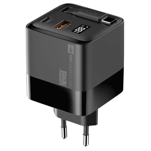 Newell GaN 65W USB-C Charger with Built-in Cable & LCD – 3-Port (EU)
