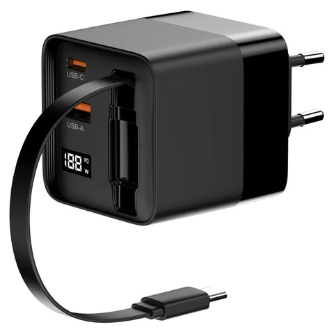 Newell GaN 65W USB-C Charger with Built-in Cable & LCD – 3-Port (EU)