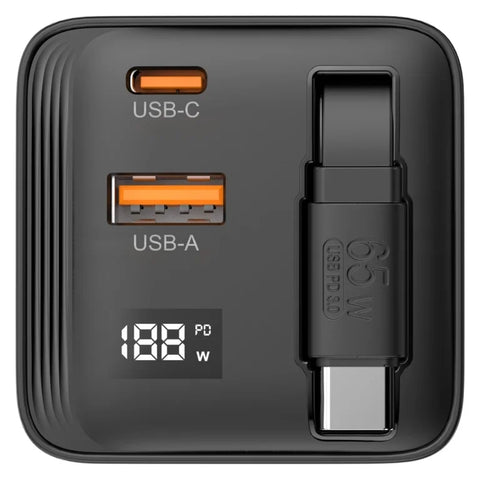 Newell GaN 65W USB-C Charger with Built-in Cable & LCD – 3-Port (EU)