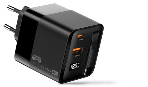Newell GaN 65W USB-C Charger with Built-in Cable & LCD – 3-Port (EU)