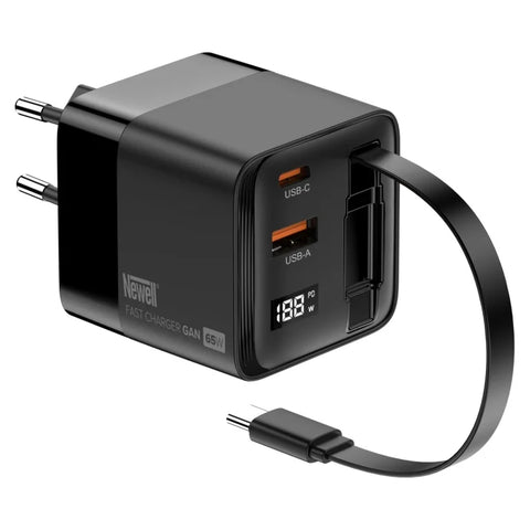 Newell GaN 65W USB-C Charger with Built-in Cable & LCD – 3-Port (EU)