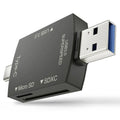 USB card reader with microSD and SDXC support on a white background