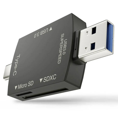 USB card reader with microSD and SDXC support on a white background